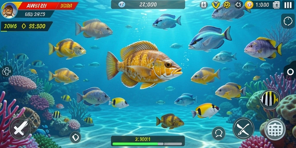 Tampilan gameplay <strong>AW8</strong> dengan fitur menembak ikan yang menarik.