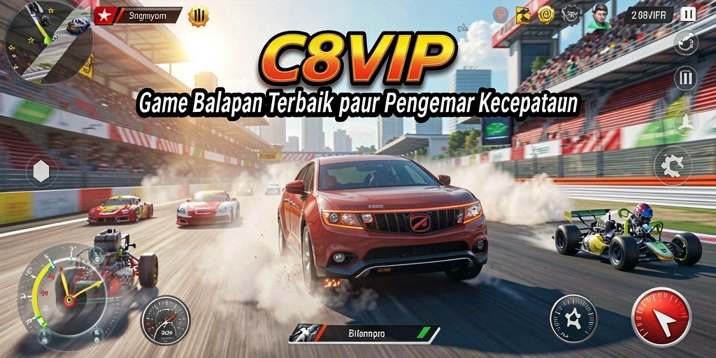 Screenshot gameplay C8VIP menampilkan balapan seru di trek menantang.