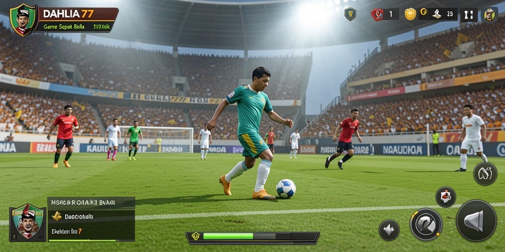 Screenshot gameplay DAHLIA77 menampilkan aksi seru di lapangan sepak bola.