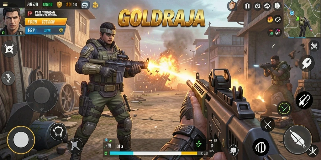 Screenshot gameplay GOLDRAJA menampilkan aksi tembak-menembak yang intens.