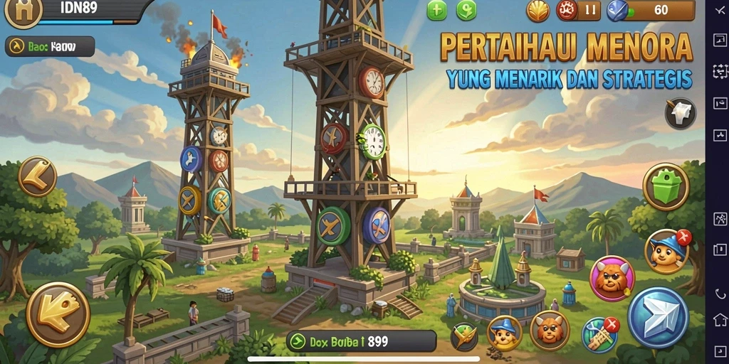 Tampilan menarik dari gameplay Tower Defense IDN89 dengan berbagai menara.