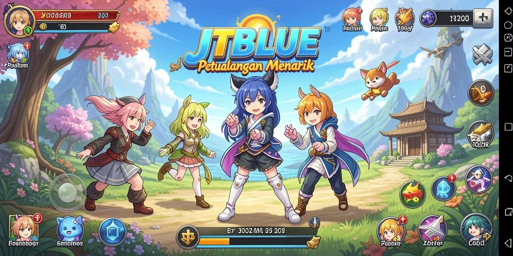 Screenshot JTBLUE menampilkan aksi karakter anime yang seru.