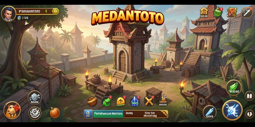 Gameplay seru MEDANTOTO dengan menara dan gelombang musuh.
